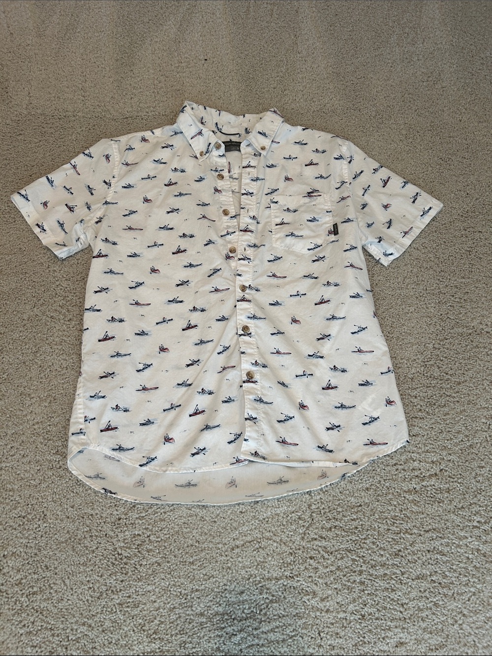 Eddie Bauer White Short-Sleeve Button-Down Shirt with Navy and Red Boat Print